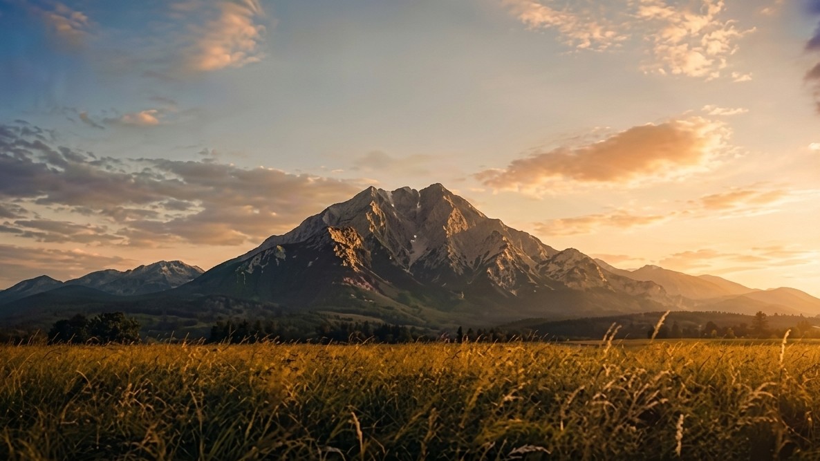 Pemandangan gunung saat golden hour di waktu senja